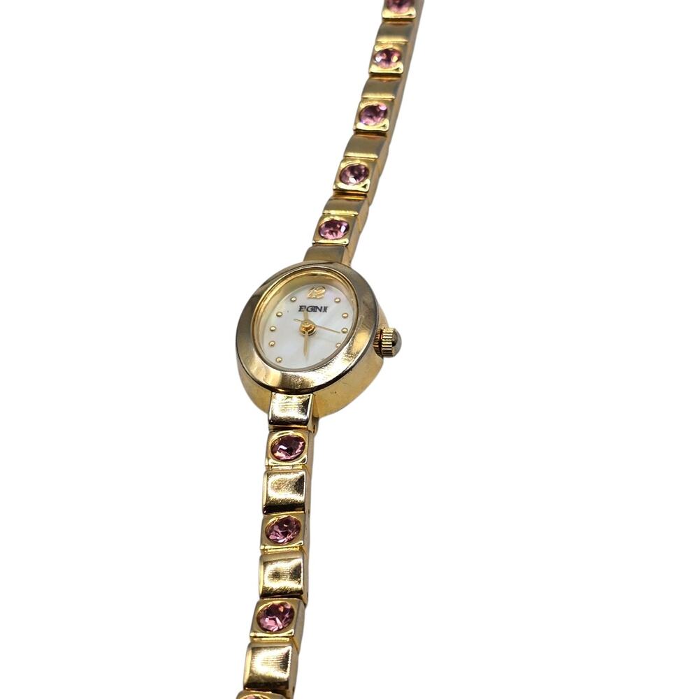 Watch Elgin II Women's Pink Crystal Gold Toned Bracelet Band Analog Oval - Picture 6 of 8